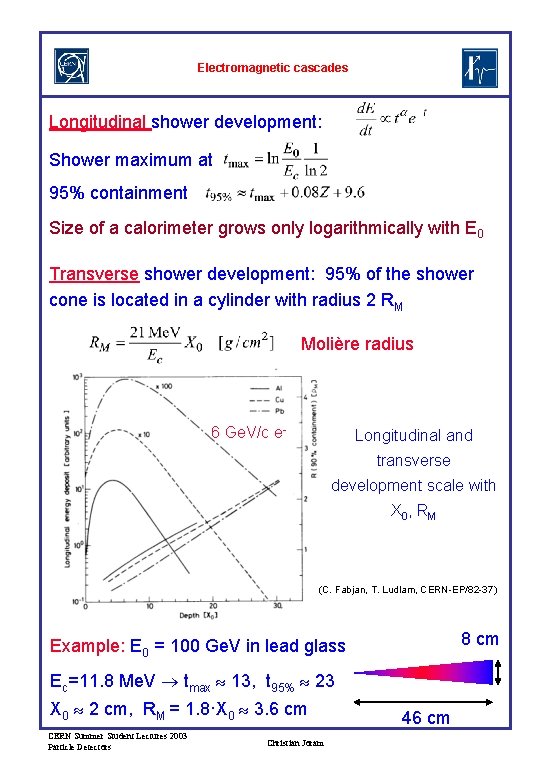 Electromagnetic cascades Longitudinal shower development: Shower maximum at 95% containment Size of a calorimeter