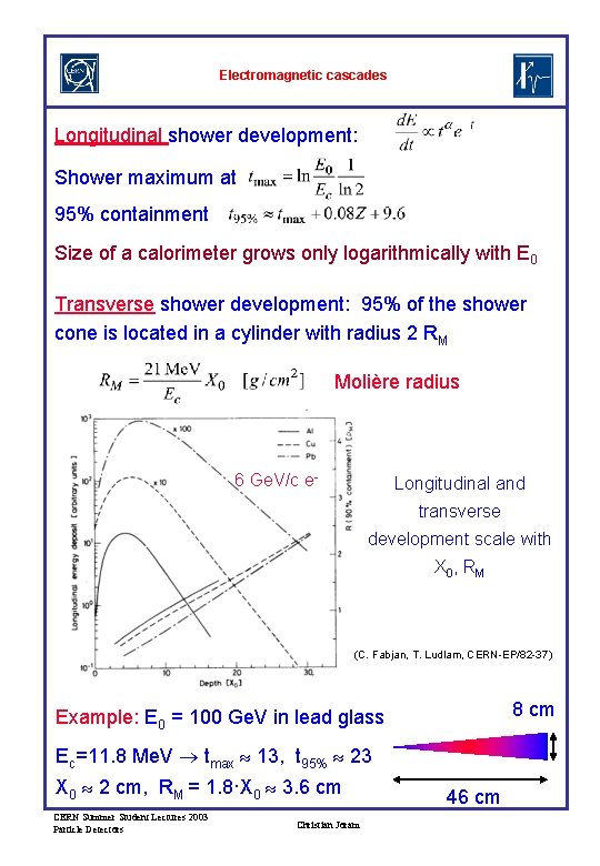 Electromagnetic cascades Longitudinal shower development: Shower maximum at 95% containment Size of a calorimeter