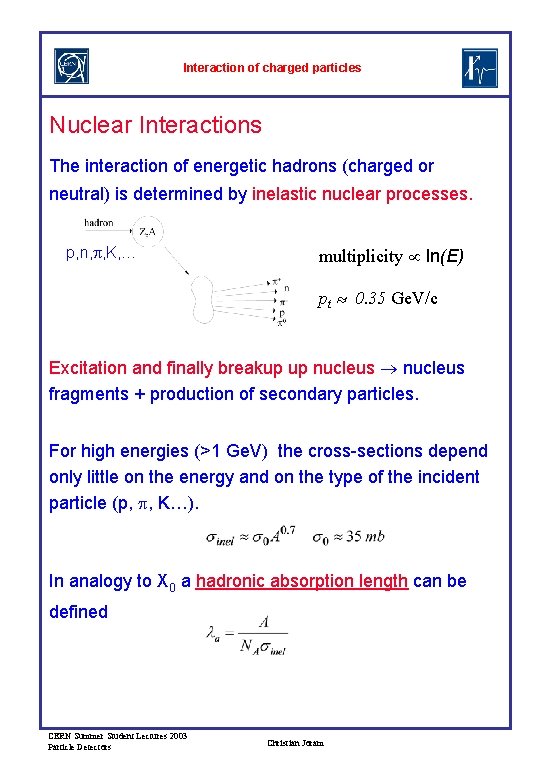 Interaction of charged particles Nuclear Interactions The interaction of energetic hadrons (charged or neutral)