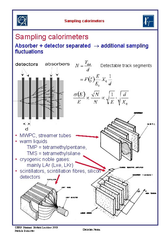 Sampling calorimeters Absorber + detector separated additional sampling fluctuations Detectable track segments • MWPC,