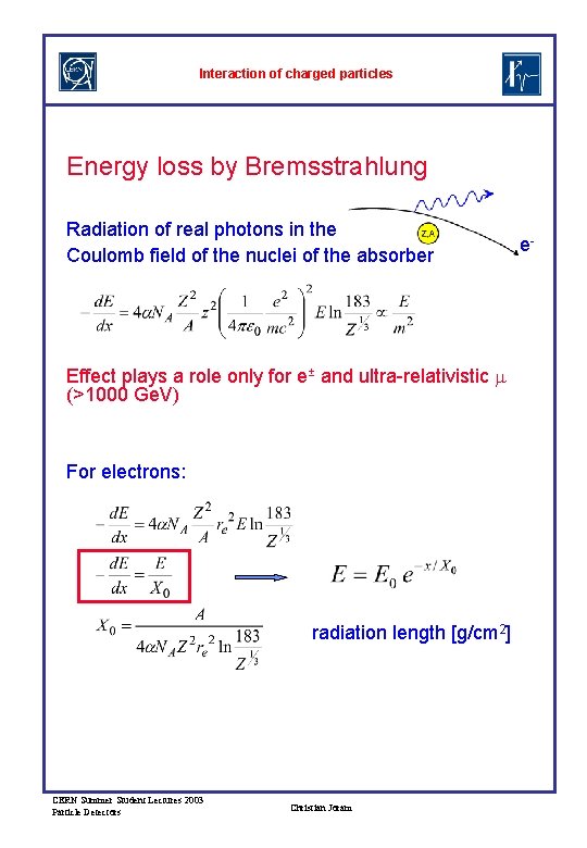 Interaction of charged particles Energy loss by Bremsstrahlung Radiation of real photons in the