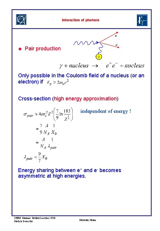 Interaction of photons u Pair production Only possible in the Coulomb field of a