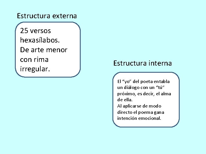 Estructura externa 25 versos hexasílabos. De arte menor con rima irregular. Estructura interna El