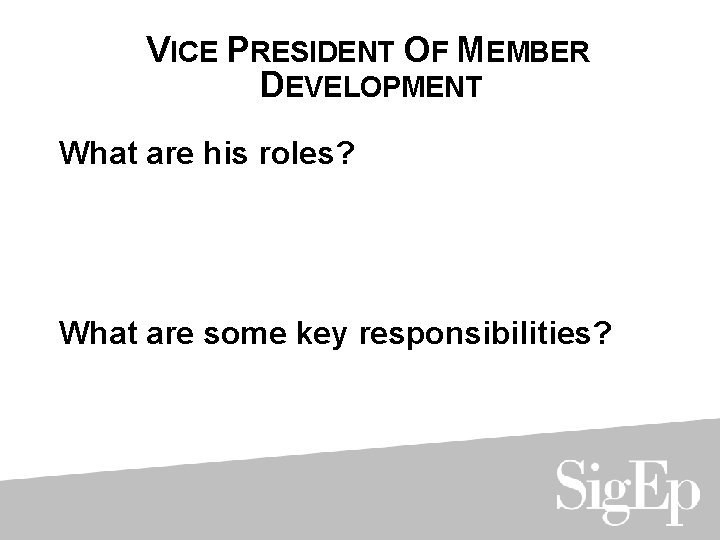 VICE PRESIDENT OF MEMBER DEVELOPMENT What are his roles? What are some key responsibilities?