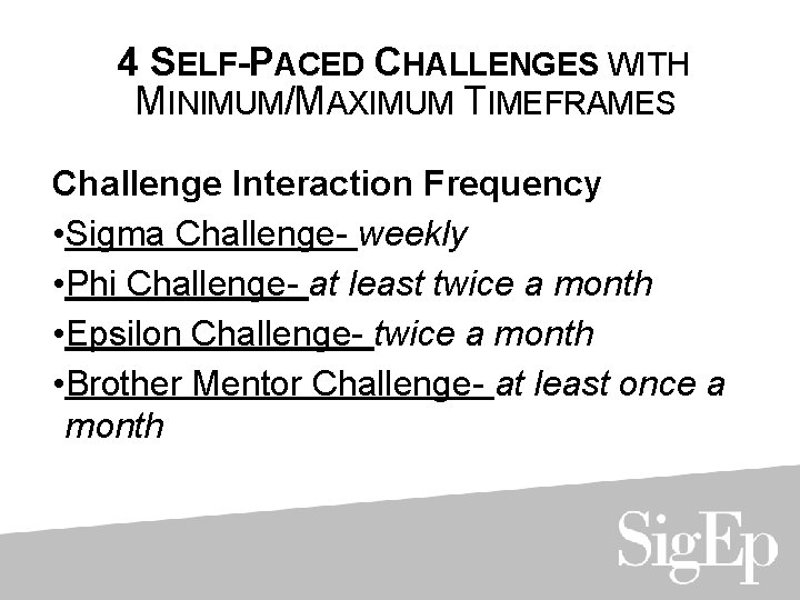 4 SELF-PACED CHALLENGES WITH MINIMUM/MAXIMUM TIMEFRAMES Challenge Interaction Frequency • Sigma Challenge- weekly •
