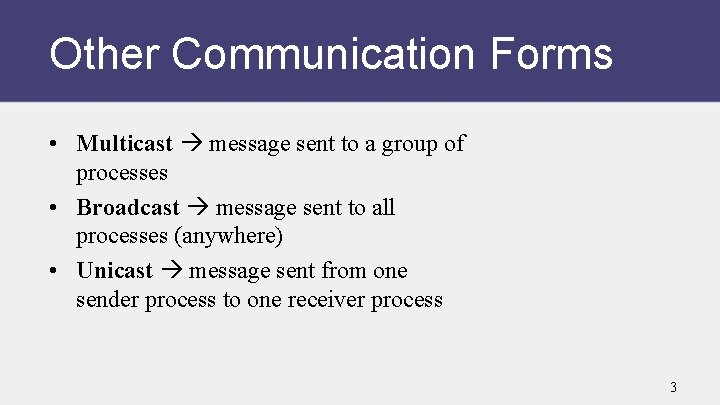 Other Communication Forms • Multicast message sent to a group of processes • Broadcast