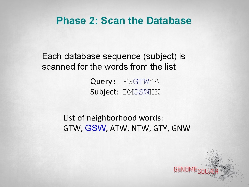 Phase 2: Scan the Database Each database sequence (subject) is scanned for the words