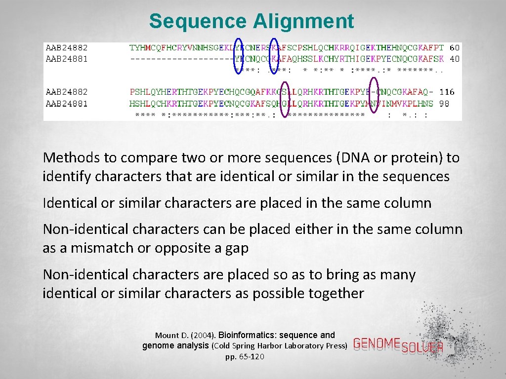 Sequence Alignment Methods to compare two or more sequences (DNA or protein) to identify