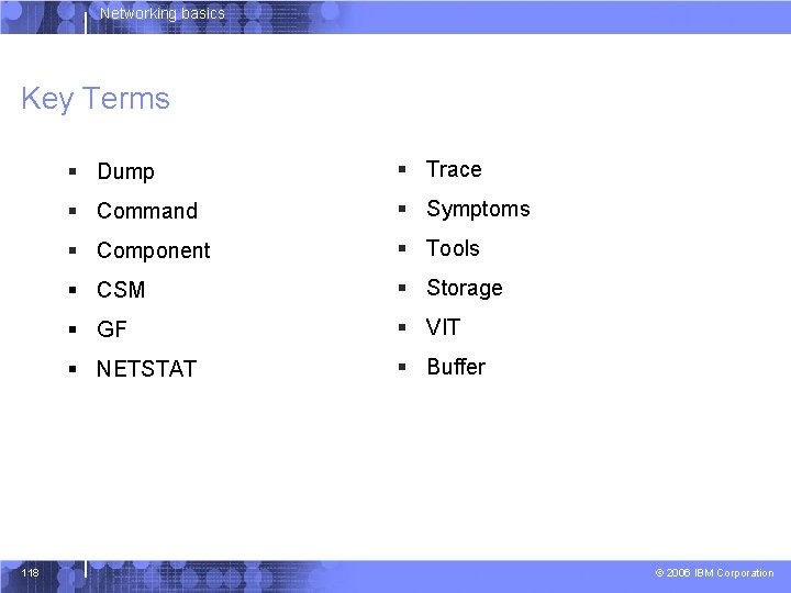 Networking basics Key Terms 118 § Dump § Trace § Command § Symptoms §