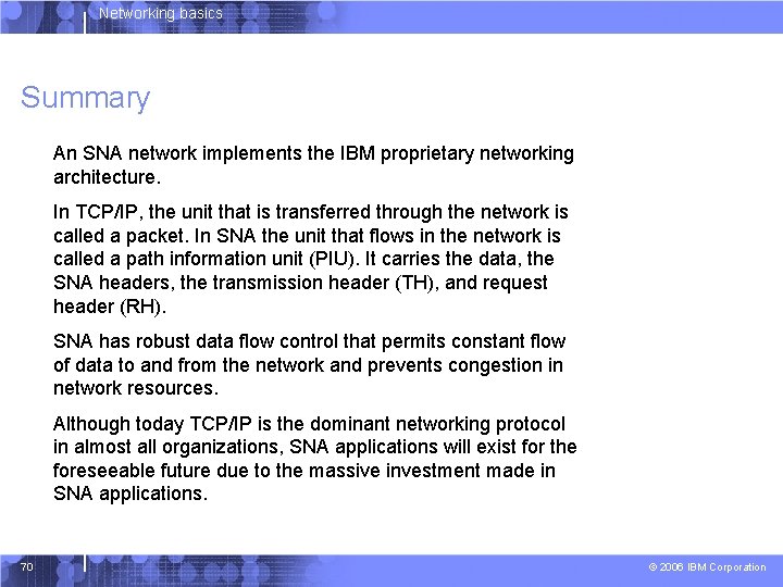 Networking basics Summary An SNA network implements the IBM proprietary networking architecture. In TCP/IP,