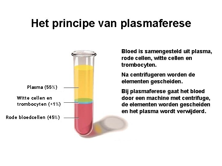 Het principe van plasmaferese Bloed is samengesteld uit plasma, rode cellen, witte cellen en
