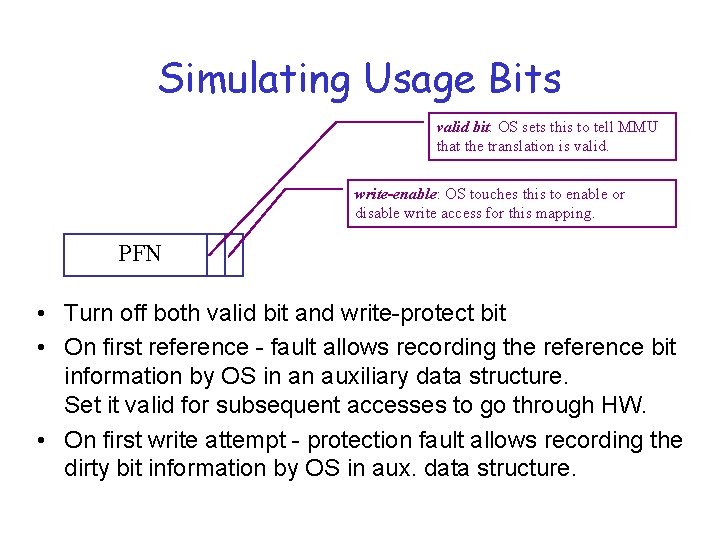 Simulating Usage Bits valid bit: OS sets this to tell MMU that the translation