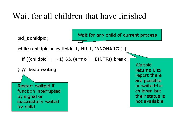 Wait for all children that have finished pid_t childpid; Wait for any child of