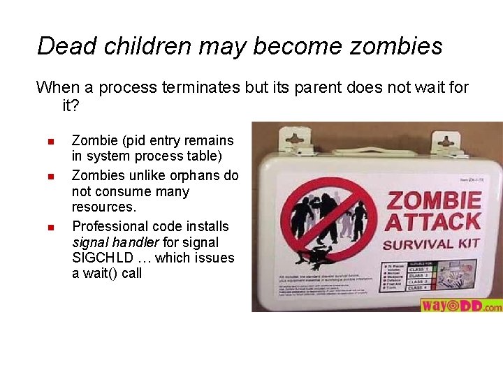 Dead children may become zombies When a process terminates but its parent does not