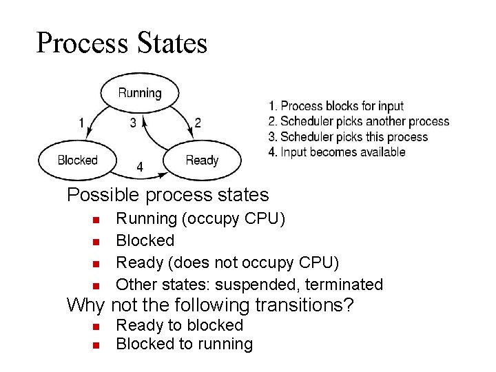 Process States Possible process states Running (occupy CPU) Blocked Ready (does not occupy CPU)