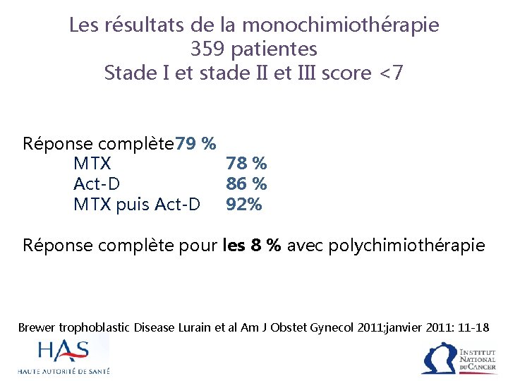 Les résultats de la monochimiothérapie 359 patientes Stade I et stade II et III