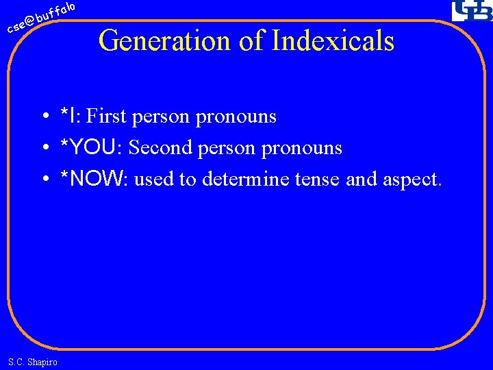 fa buf @ cse lo Generation of Indexicals • *I: First person pronouns •