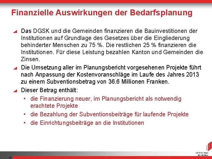 Finanzielle Auswirkungen der Bedarfsplanung Das DGSK und die Gemeinden finanzieren die Bauinvestitionen der Institutionen