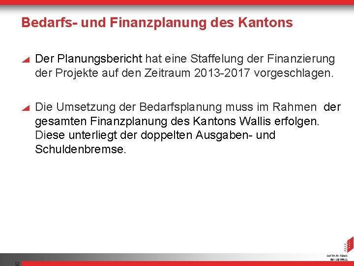 Bedarfs- und Finanzplanung des Kantons Der Planungsbericht hat eine Staffelung der Finanzierung der Projekte