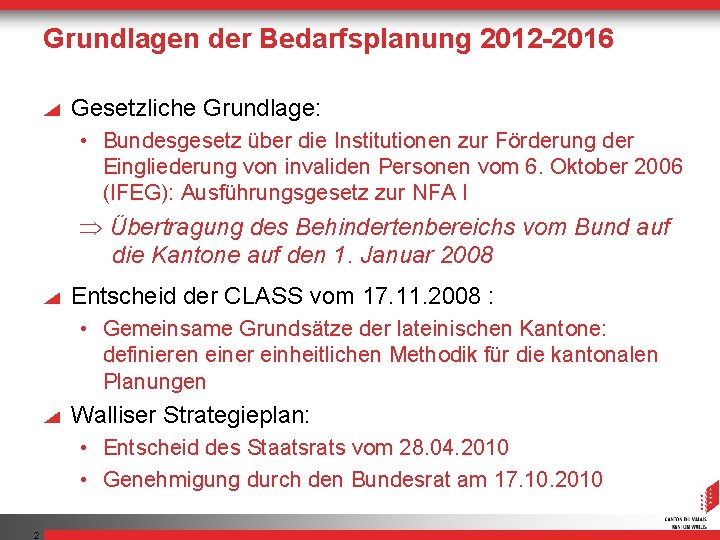 Grundlagen der Bedarfsplanung 2012 -2016 Gesetzliche Grundlage: • Bundesgesetz über die Institutionen zur Förderung