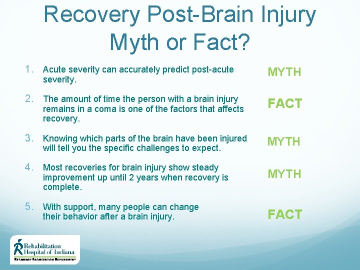 Recovery Post-Brain Injury Myth or Fact? 1. Acute severity can accurately predict post-acute MYTH