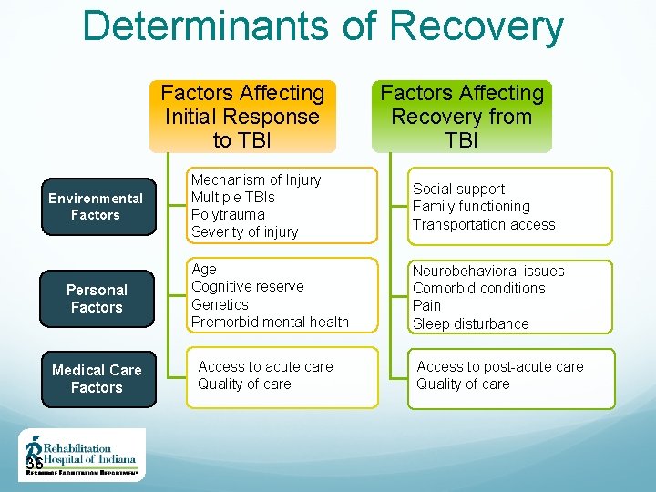 Determinants of Recovery Factors Affecting Initial Response to TBI Environmental Factors Personal Factors Medical