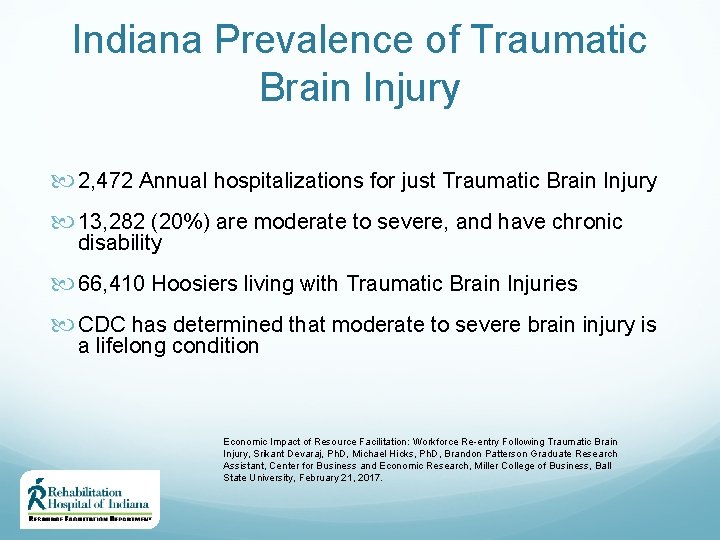 Indiana Prevalence of Traumatic Brain Injury 2, 472 Annual hospitalizations for just Traumatic Brain