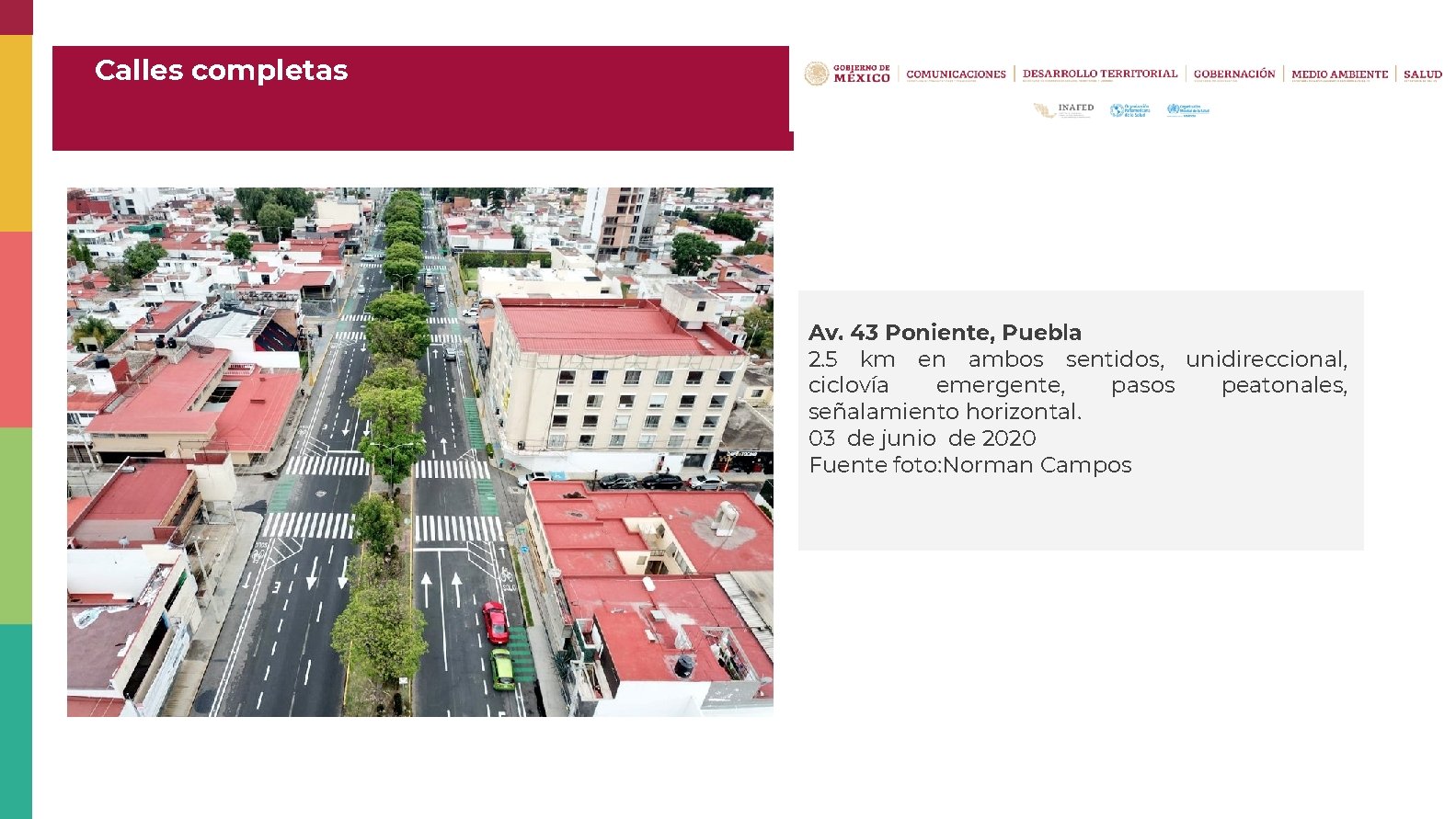 Calles completas Av. 43 Poniente, Puebla 2. 5 km en ambos sentidos, unidireccional, ciclovía