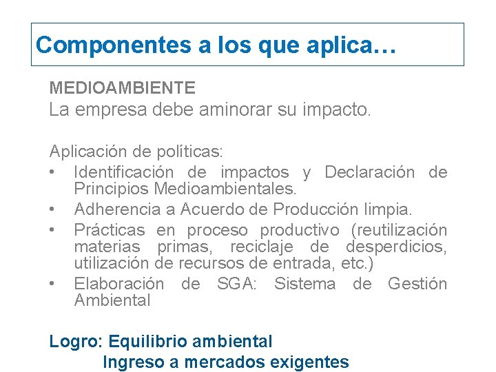 Componentes a los que aplica… MEDIOAMBIENTE La empresa debe aminorar su impacto. Aplicación de