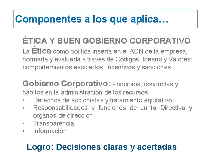 Componentes a los que aplica… ÉTICA Y BUEN GOBIERNO CORPORATIVO La Ética como política