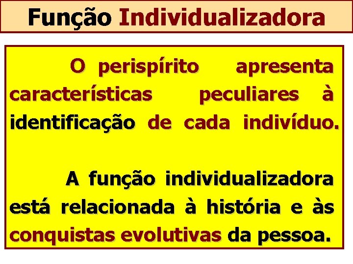 Função Individualizadora O perispírito apresenta características peculiares à identificação de cada indivíduo. A função