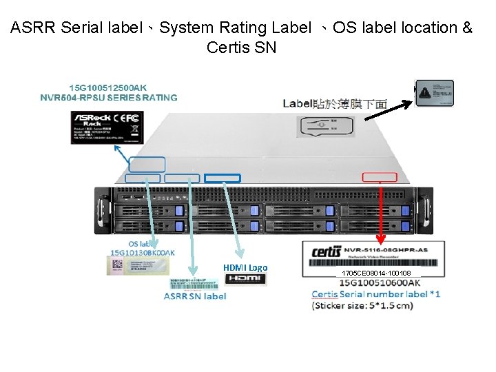 ASRR Serial label、System Rating Label 、OS label location & Certis SN 15 G 100512500