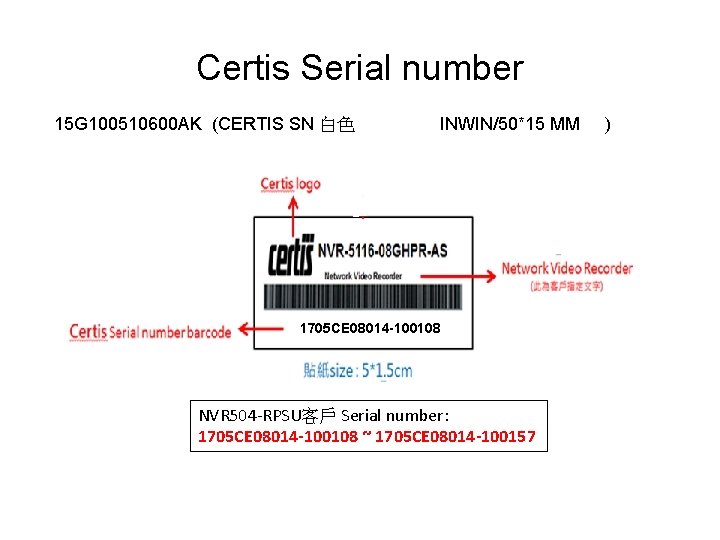 Certis Serial number 15 G 100510600 AK (CERTIS SN 白色 INWIN/50*15 MM 1705 CE