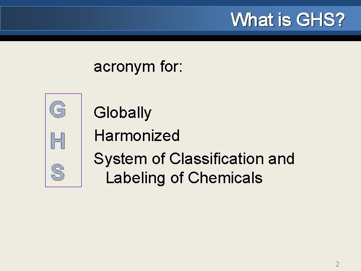 What is GHS? acronym for: G H S Globally Harmonized System of Classification and