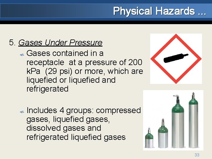 Physical Hazards. . . 5. Gases Under Pressure Gases contained in a receptacle at