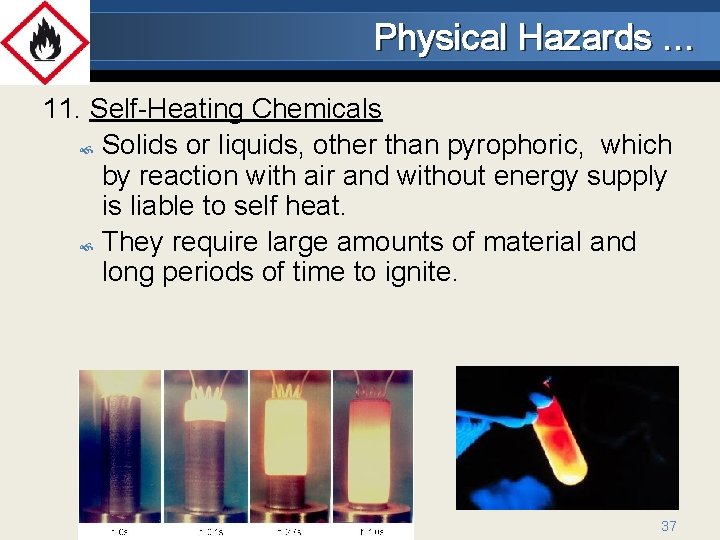 Physical Hazards … 11. Self-Heating Chemicals Solids or liquids, other than pyrophoric, which by