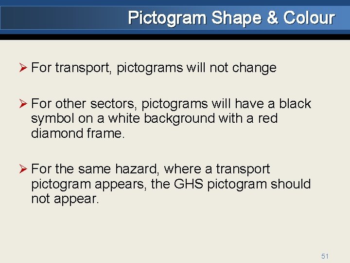 Pictogram Shape & Colour Ø For transport, pictograms will not change Ø For other