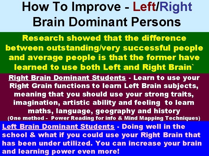 How To Improve - Left/Right Brain Dominant Persons Research showed that the difference between