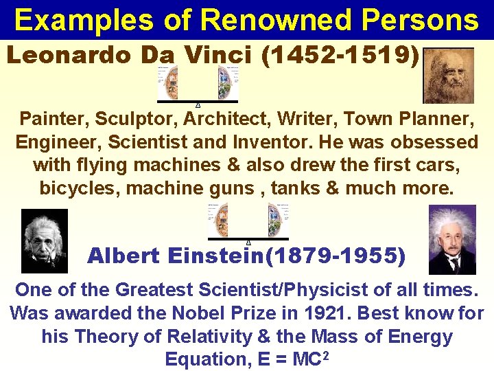 Examples of Renowned Persons Leonardo Da Vinci (1452 -1519) Painter, Sculptor, Architect, Writer, Town