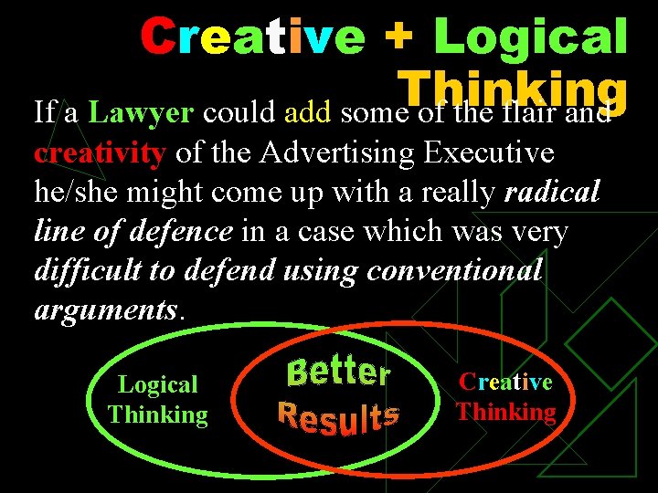 Creative + Logical Thinking If a Lawyer could add some of the flair and
