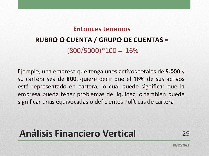 Entonces tenemos RUBRO O CUENTA / GRUPO DE CUENTAS = (800/5000)*100 = 16% Ejemplo,