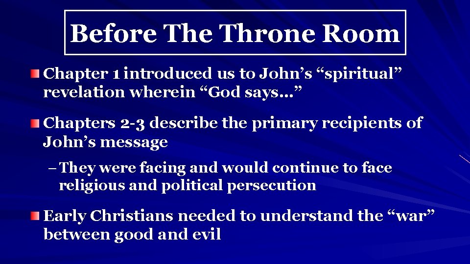 Before Throne Room Chapter 1 introduced us to John’s “spiritual” revelation wherein “God says…”