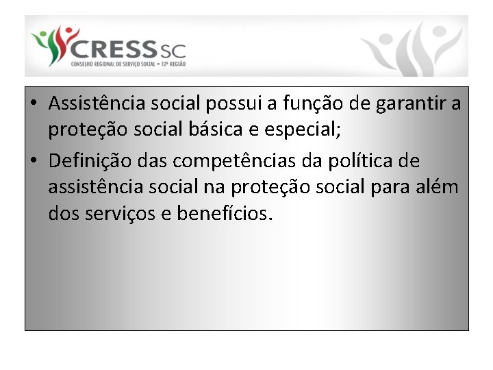  • Assistência social possui a função de garantir a proteção social básica e