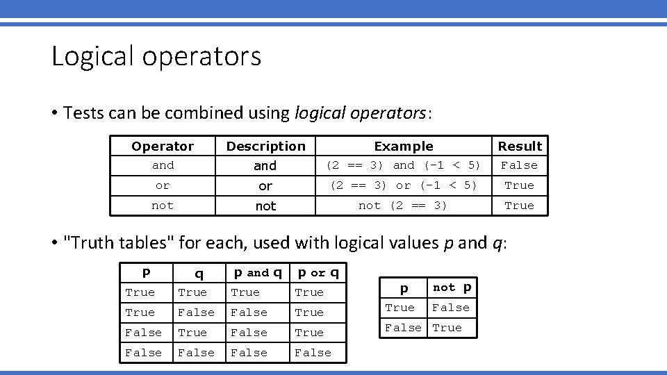 Logical operators • Tests can be combined using logical operators: Operator and Description and