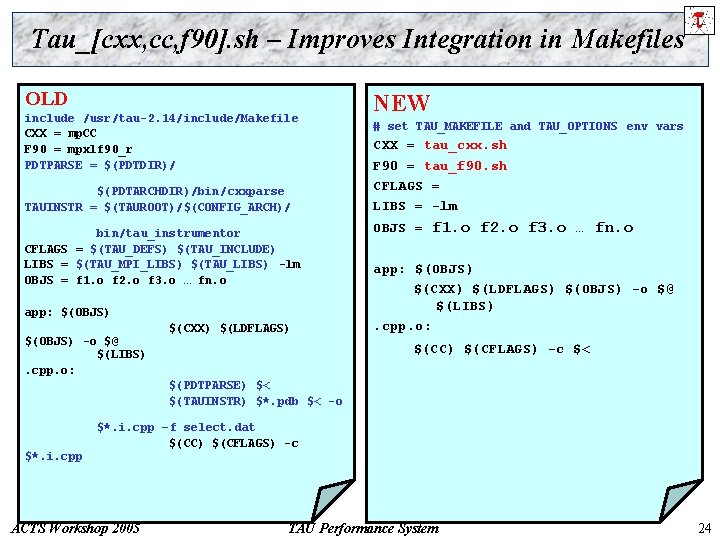 Tau_[cxx, cc, f 90]. sh – Improves Integration in Makefiles OLD include /usr/tau-2. 14/include/Makefile