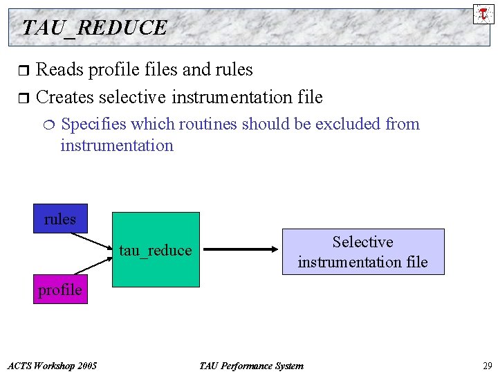 TAU_REDUCE Reads profiles and rules r Creates selective instrumentation file r ¦ Specifies which