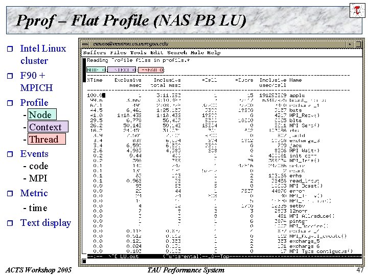 Pprof – Flat Profile (NAS PB LU) r r r Intel Linux cluster F