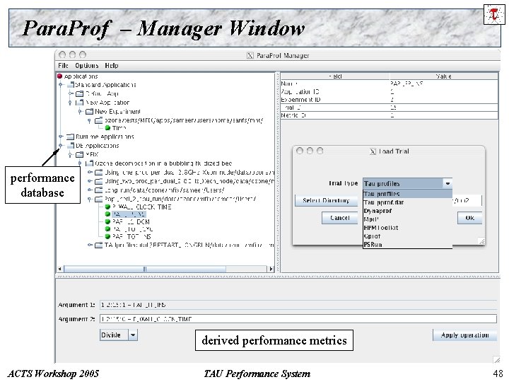 Para. Prof – Manager Window performance database derived performance metrics ACTS Workshop 2005 TAU