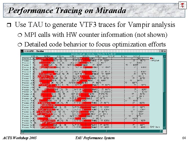 Performance Tracing on Miranda r Use TAU to generate VTF 3 traces for Vampir