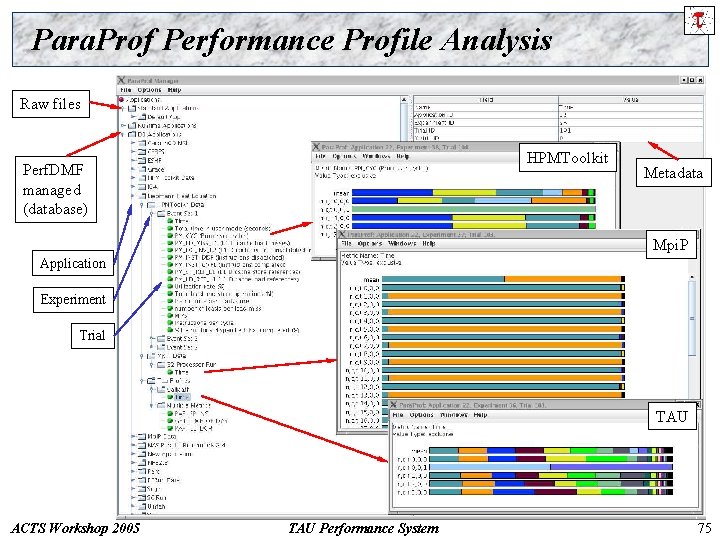 Para. Prof Performance Profile Analysis Raw files HPMToolkit Perf. DMF managed (database) Metadata Mpi.